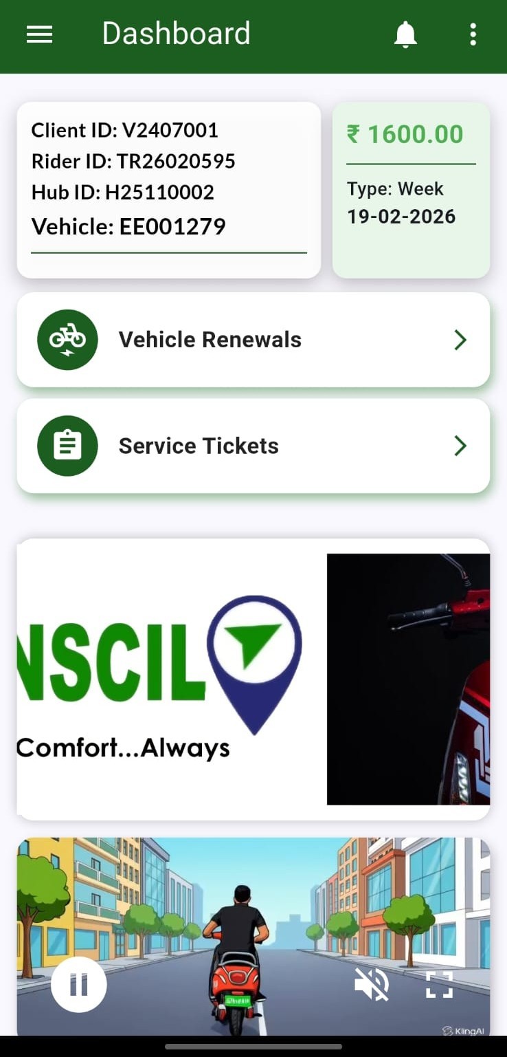 Transcil app dashboard with Client ID, rider details, and subscription amount.